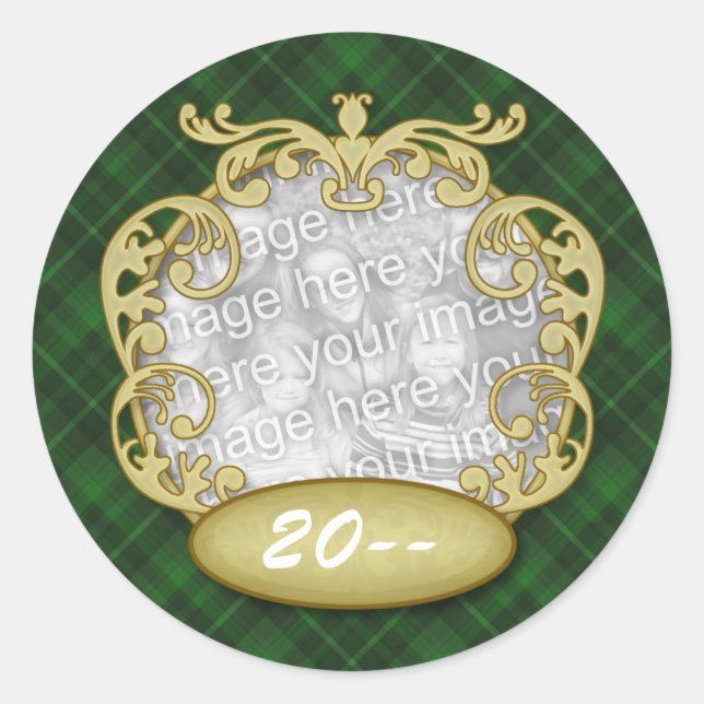 Sticker Rond Baby First Christmas Green Plaid (Devant)