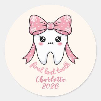 Sticker Rond Baby First Tooth Pink Bow Milestone Kawaii Tooth