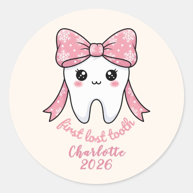 Sticker Rond Baby First Tooth Pink Bow Milestone Kawaii Tooth (Devant)