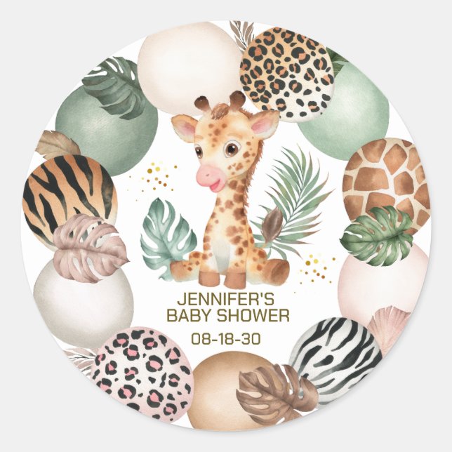 Sticker Rond Baby Girafe Safari Imprimé Fête Prénatale (Devant)