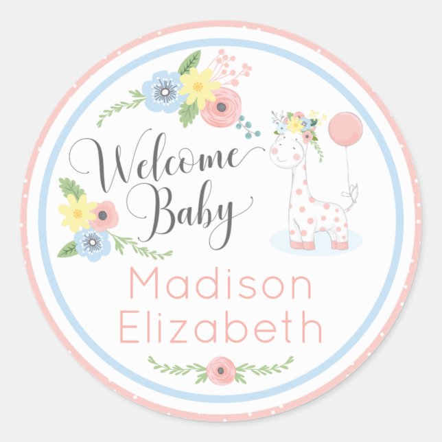 Sticker Rond Baby Giraffe Floral Calf Baby shower d'accueil (Devant)