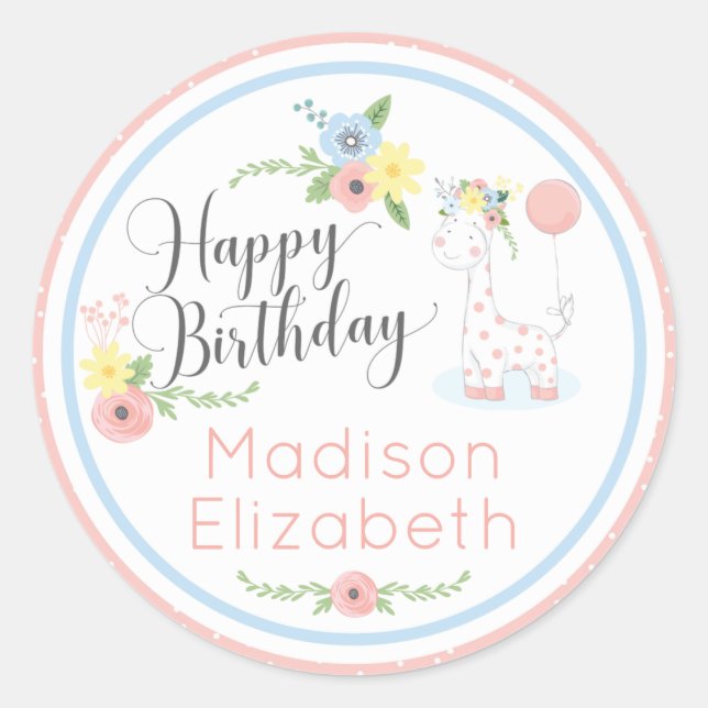 Sticker Rond Baby Giraffe rose Floral Joyeux 1er anniversaire f (Devant)