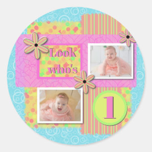 Sticker Rond Baby Girl 1er anniversaire Scrapbooking rose et ja