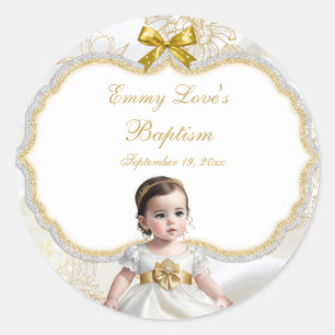 Sticker Rond Baby Girl Baptism Christening Blanc & Or