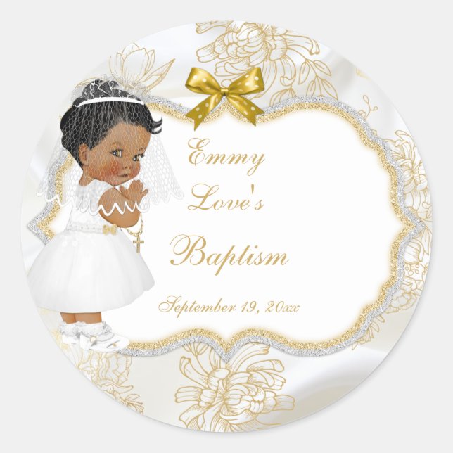 Sticker Rond Baby Girl Communion Baptism Gold Cross Ethnique (Devant)