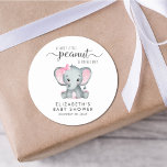 Sticker Rond Baby Girl Douche Eléphant mignon<br><div class="desc">Des autocollants mignons pour votre bébé fille de douche faveurs et la correspondance avec "A Sweet Little Peanut Is On Her Way" écrit dans un mélange de typographie gris mou et un script élégant, et une aquarelle rose pastel d'un éléphant de petite fille. Personnalisez le nom et la date de...</div>