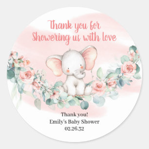 Sticker Rond Baby Girl éléphant blush fleurs eucalyptus couronn