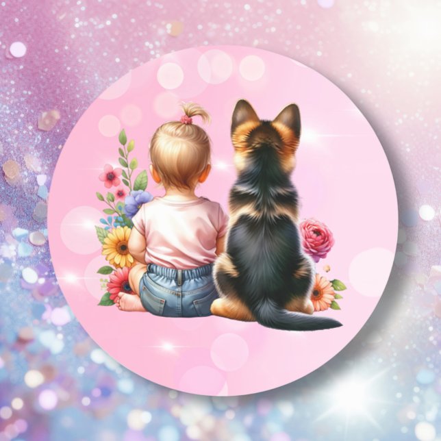 Sticker Rond Baby Girl et son chiot | Baby shower (Créateur téléchargé)