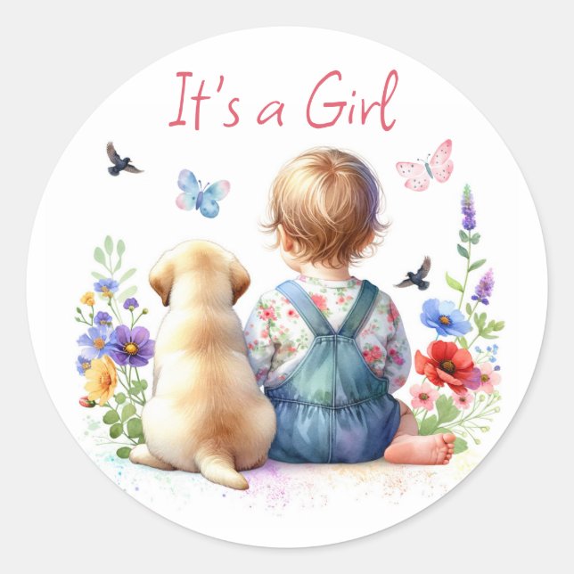 Sticker Rond Baby Girl et son chiot | C'est une aquarelle fille (Devant)