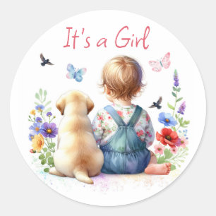 Sticker Rond Baby Girl et son chiot C'est une aquarelle fille