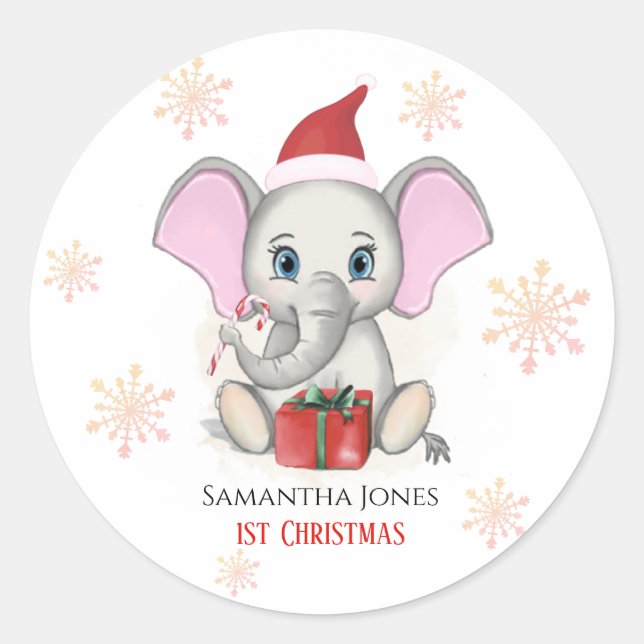 Sticker Rond Baby Girl First Christmas Jote Elephant Holidays (Devant)