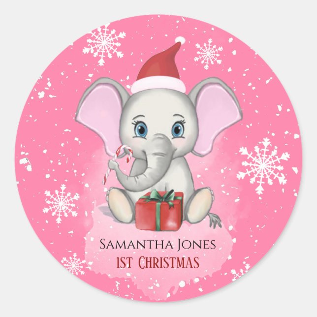 Sticker Rond Baby Girl First Christmas Jote Elephant Holidays (Devant)