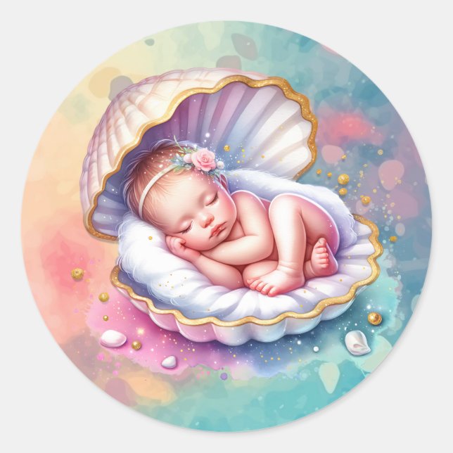 Sticker Rond Baby Girl in a Seashell Baby shower (Devant)