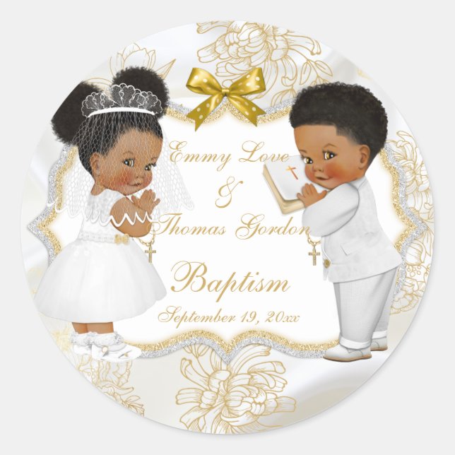 Sticker Rond Baby Girl Jumeaux Communion Baptême Gold Cross (Devant)