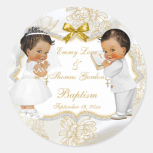 Sticker Rond Baby Girl Jumeaux Communion Baptême Gold Cross