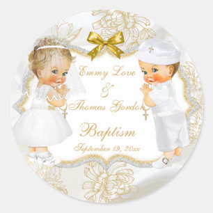 Sticker Rond Baby Girl Jumeaux Communion Baptême Gold Cross