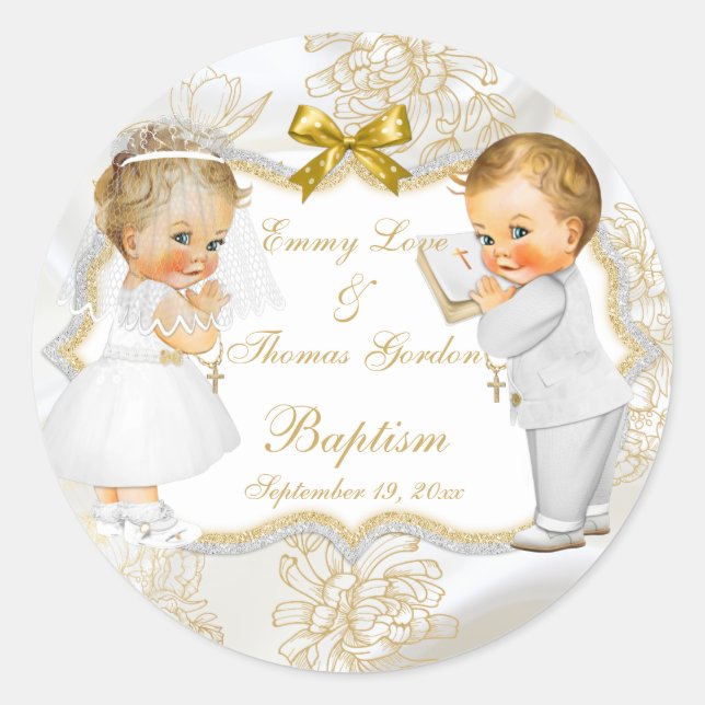 Sticker Rond Baby Girl Jumeaux Communion Baptême Gold Cross (Devant)