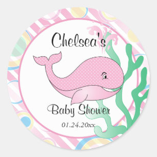 Sticker Rond Baby Girl Pink Polka Dotted Whale Baby shower