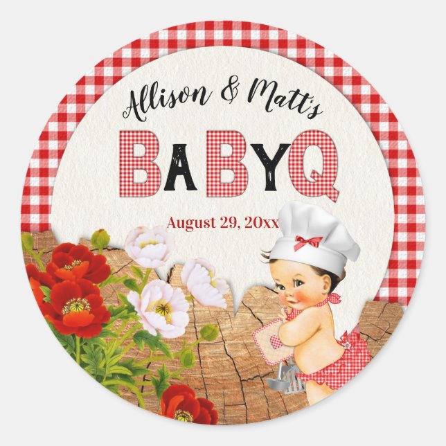Sticker Rond Baby Girl Red En vichy Wood Floral Baby Q BBQ (Devant)