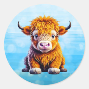 Sticker Rond Baby Highland Cow Adorable Ai Art