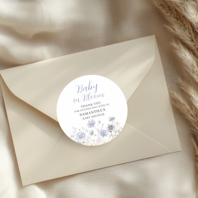 Sticker Rond Baby In Bloom Blue Wildflower Boy Baby Shower (Créateur téléchargé)