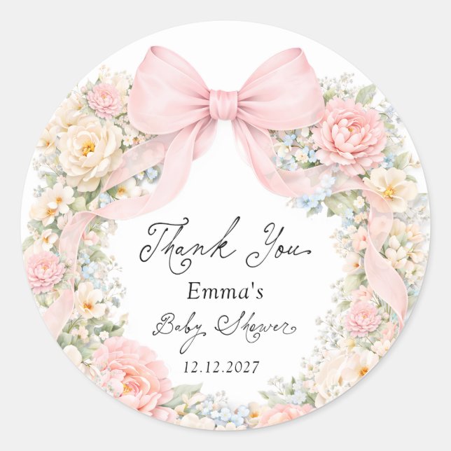 Sticker Rond Baby in Bloom Blush Pink Bow Thank You (Devant)