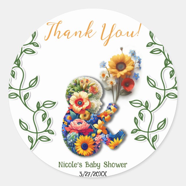 Sticker Rond Baby in Bloom Fleur de Vigne Feuille Baby Shower (Devant)