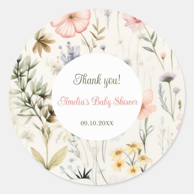 Sticker Rond Baby in Bloom Fleur sauvage Floral Baby shower Fav (Devant)