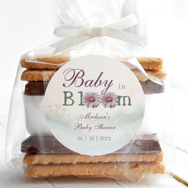 Sticker Rond Baby in Bloom Gerber Daisies Baby shower (Baby in Bloom Gerber Daisies Baby Shower Sticker)