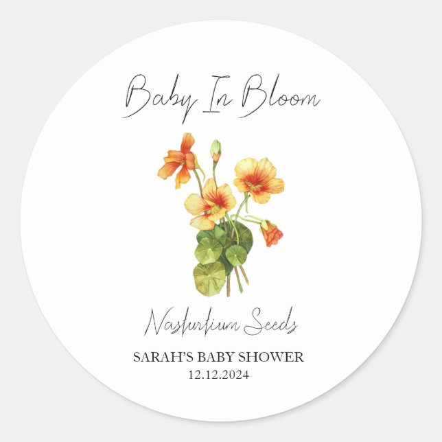 Sticker Rond Baby In Bloom l Nasturtium Seeds Baby shower (Devant)