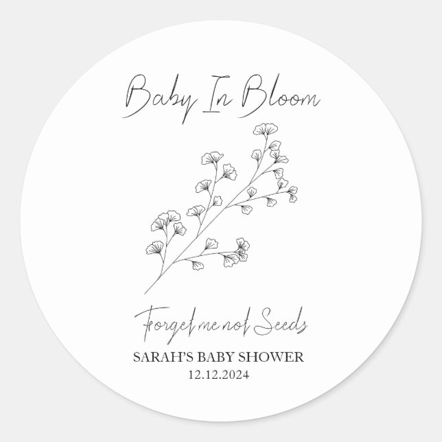 Sticker Rond Baby In Bloom l Oubliez-moi pas Baby shower de sem (Devant)