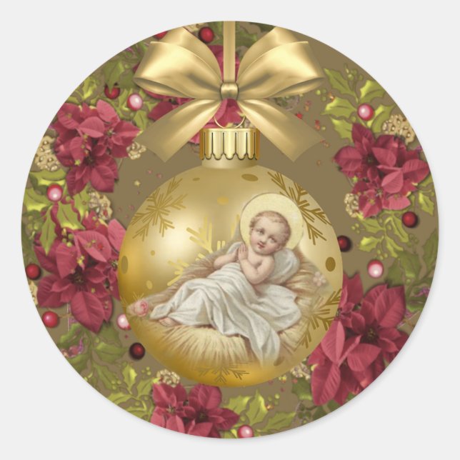 Sticker Rond Baby Jesus in Manger Noël Floral Wreath (Devant)