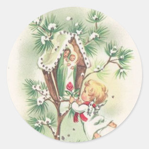 Sticker Rond Baby Jesus Manger Christmas Bells Ribbon