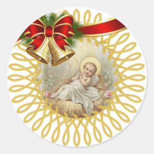 Sticker Rond Baby Jesus Manger Christmas Bells Ribbon