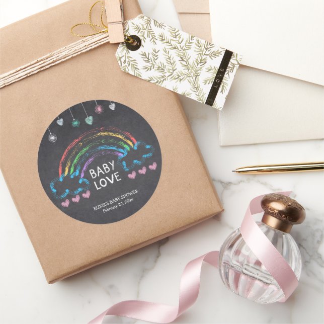 Sticker Rond Baby Love Chalkboard Coeurs et Baby shower arc-en- (Cadeaux)
