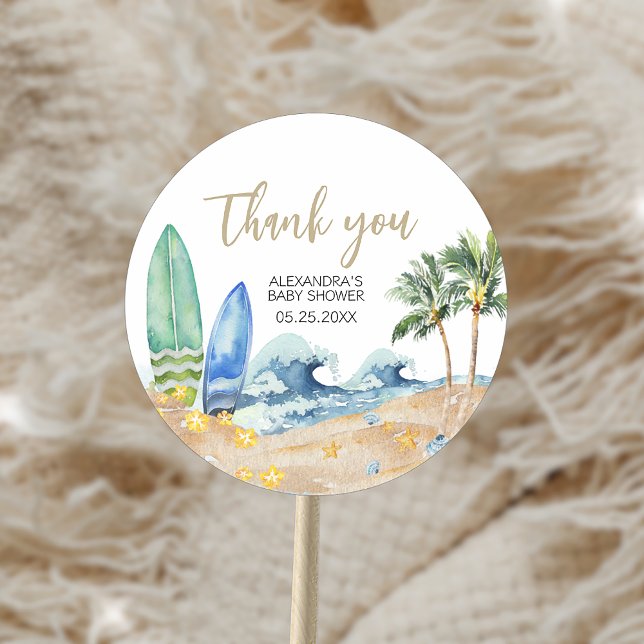 Sticker Rond Baby on Board Baby shower de plage (Baby on Board Beach Baby Shower Sticker)