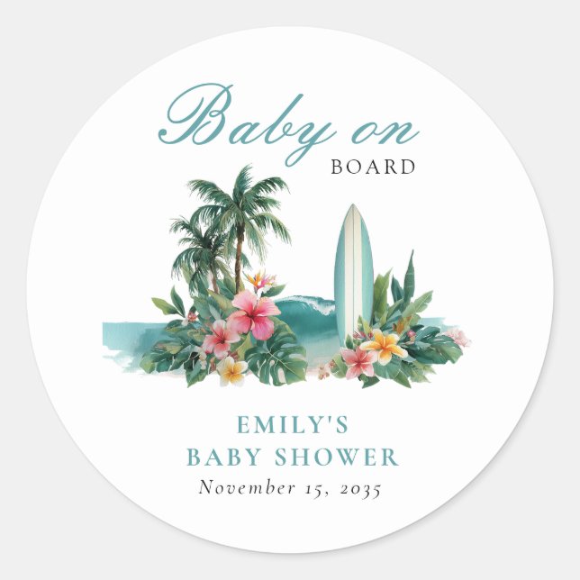 Sticker Rond Baby On Board Surf Beach Baby Shower (Devant)