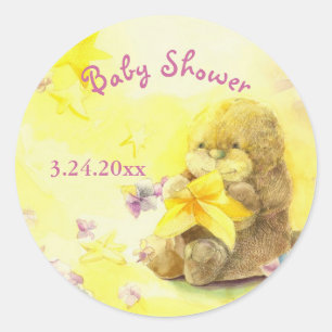Sticker Rond Baby Otter mignonne Baby shower Invitation