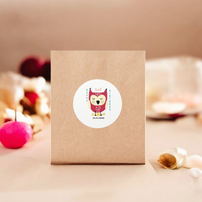 Sticker Rond Baby Owl 1er anniversaire (baby Owl party theme sticker,birthday party sticker,gift pack,envelope,return gift sticker)