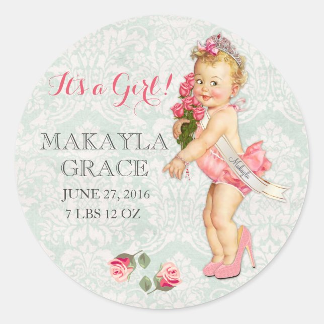 Sticker Rond Baby Pageant Princess Girl Nom de la Personnaliser (Devant)