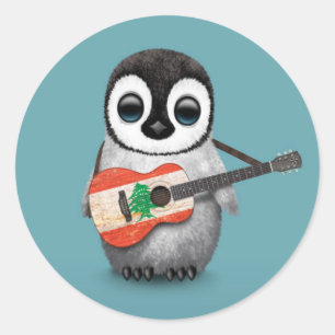 Sticker Rond Baby Penguin Jouer Drapeau Libanais Guitare Bleu
