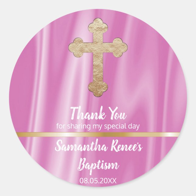 Sticker Rond Baby Pink Cross Baptism Favoriser | Merci fille (Devant)