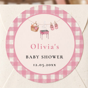 Sticker Rond Baby Q Barbecue Rose Fête Prénatale