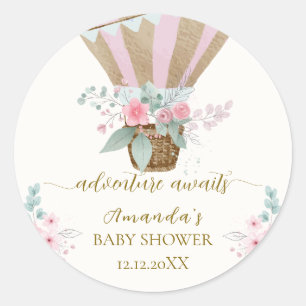 Sticker Rond Baby shower à bulle à air chaud rose élégant Flora