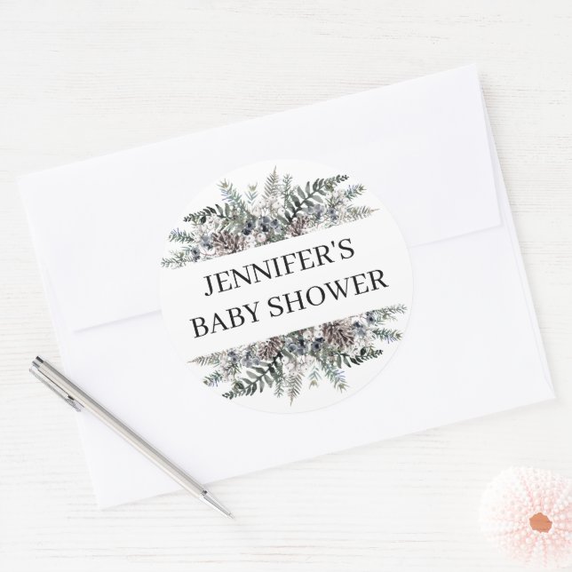 Sticker Rond Baby shower à feuillage persistant aquarelle (Enveloppe)