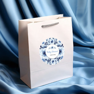 Sticker Rond Baby shower à fleurs bleu foncé