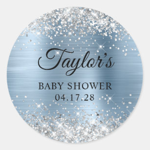Sticker Rond Baby shower à huile bleu clair argenté