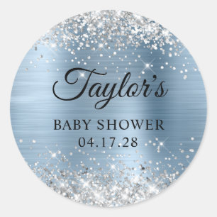 Sticker Rond Baby shower à huile bleu clair argenté