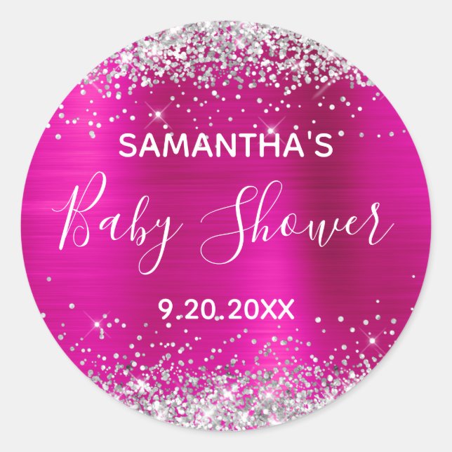 Sticker Rond Baby shower à huile rose chaud Parties scintillant (Devant)