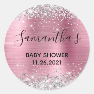Sticker Rond Baby shower à huile rose Parties scintillant argen